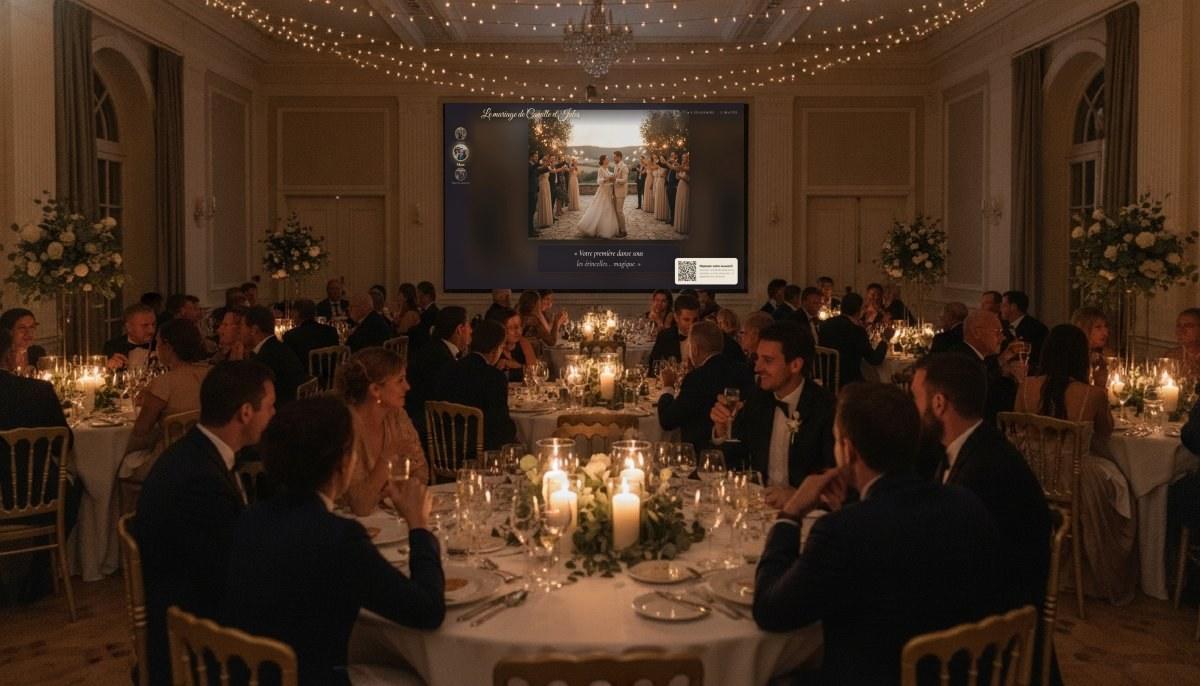 Salle de réception le soir : sur le grand écran, la photo de la première danse et le mot d'un invité, avec le QR code en coin.
