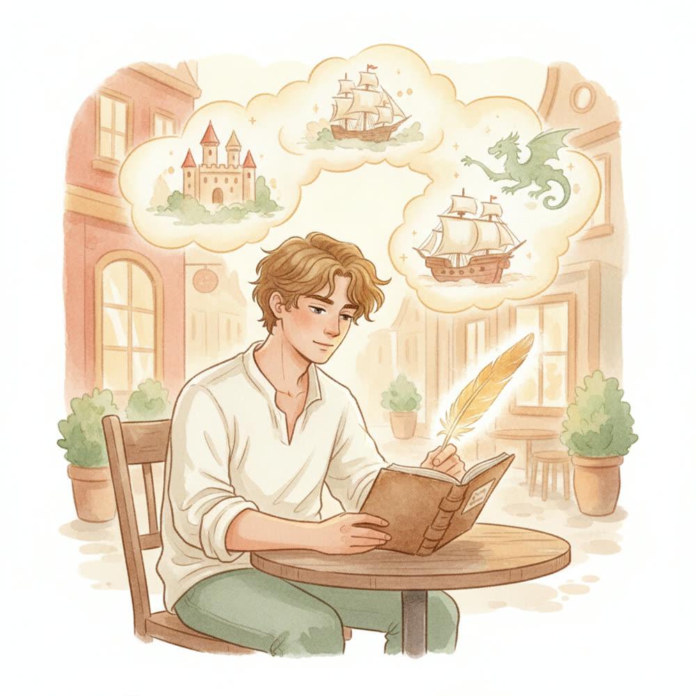 Illustration aquarelle : un jeune homme écrit à la plume dans un carnet, des bulles de rêve montrent un château, un navire et un dragon.