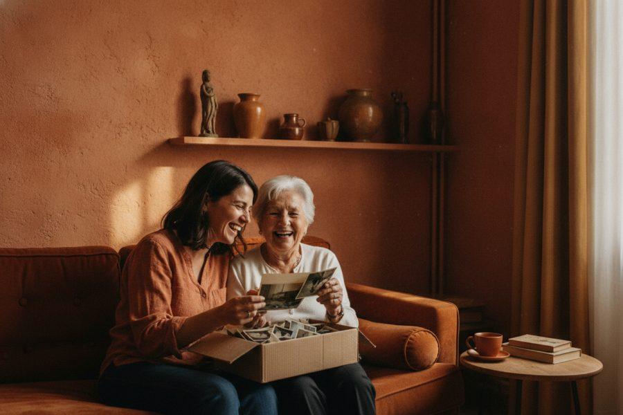 Une fille et sa mère âgée éclatent de rire en découvrant des photos anciennes sorties d'une boîte, sur un canapé terracotta.