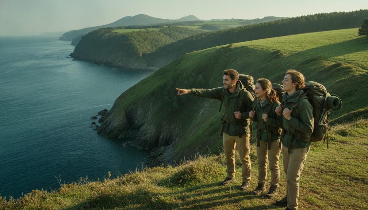 Trois randonneurs sac au dos sur une falaise verdoyante dominant l'océan ; l'un pointe la côte au loin.