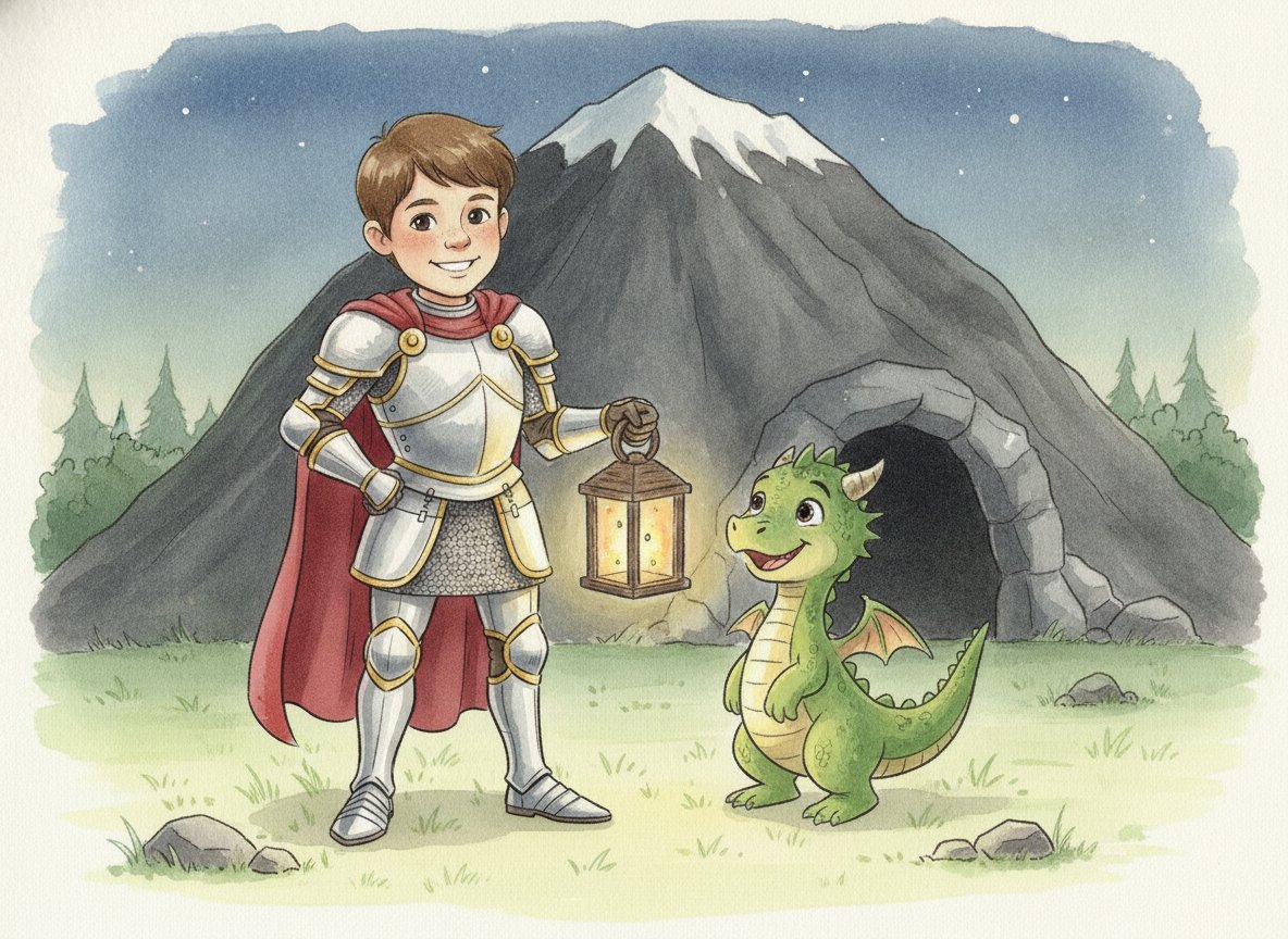 Léo le chevalier tend une lanterne de lucioles au petit dragon devant sa caverne