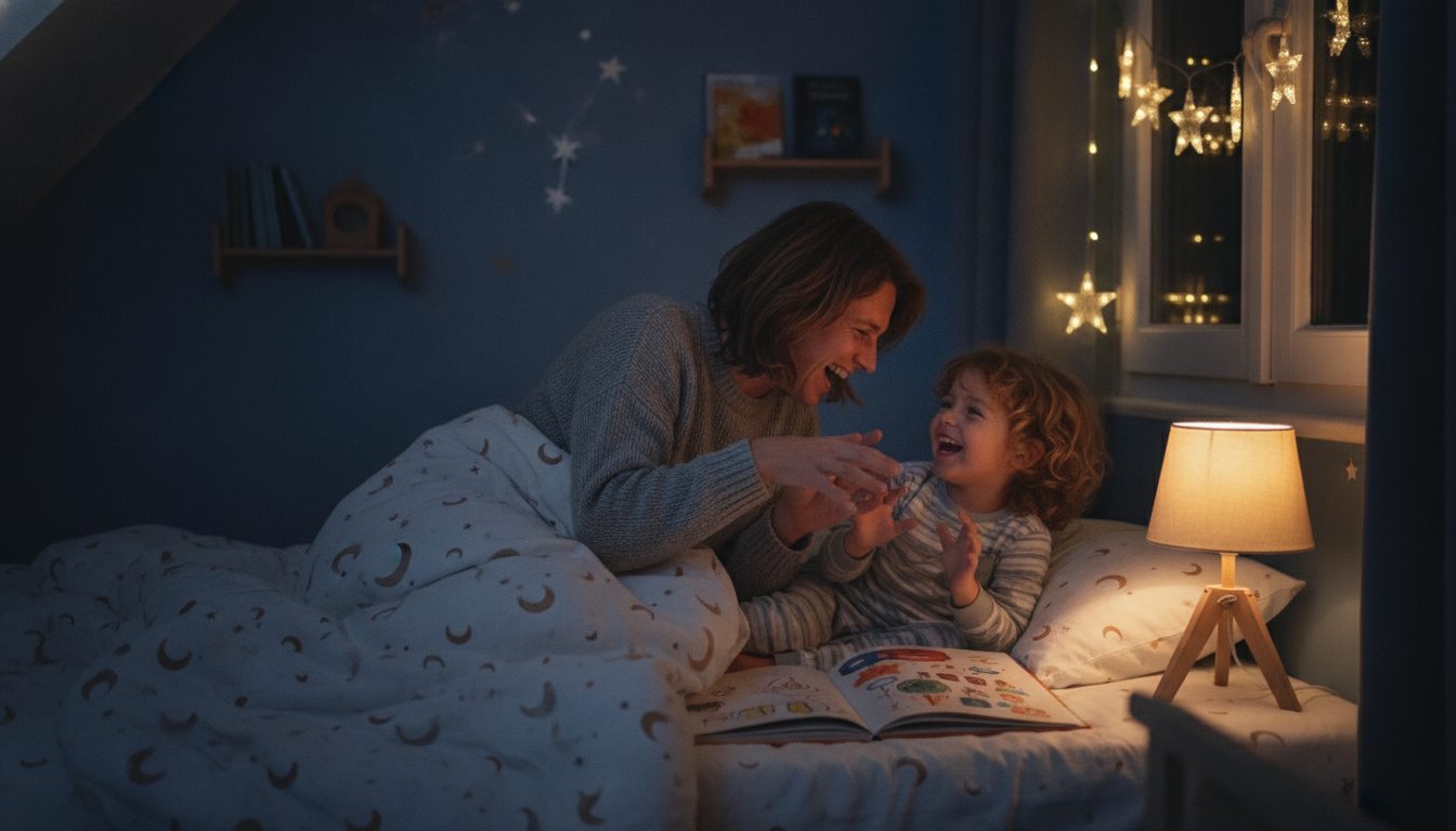 Parent et enfant sous la couette inventent l'histoire en riant