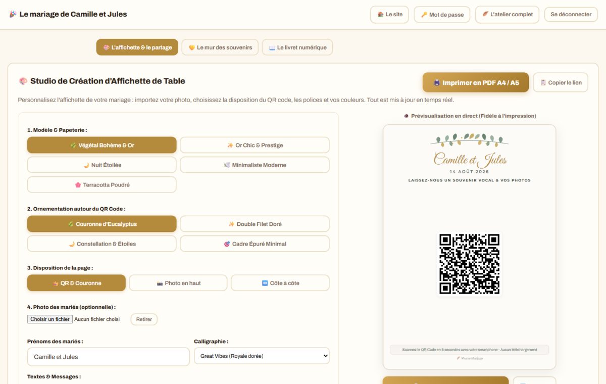 Le studio de création d'affichette de Plume Mariage : thèmes, ornements, QR code et prévisualisation en direct