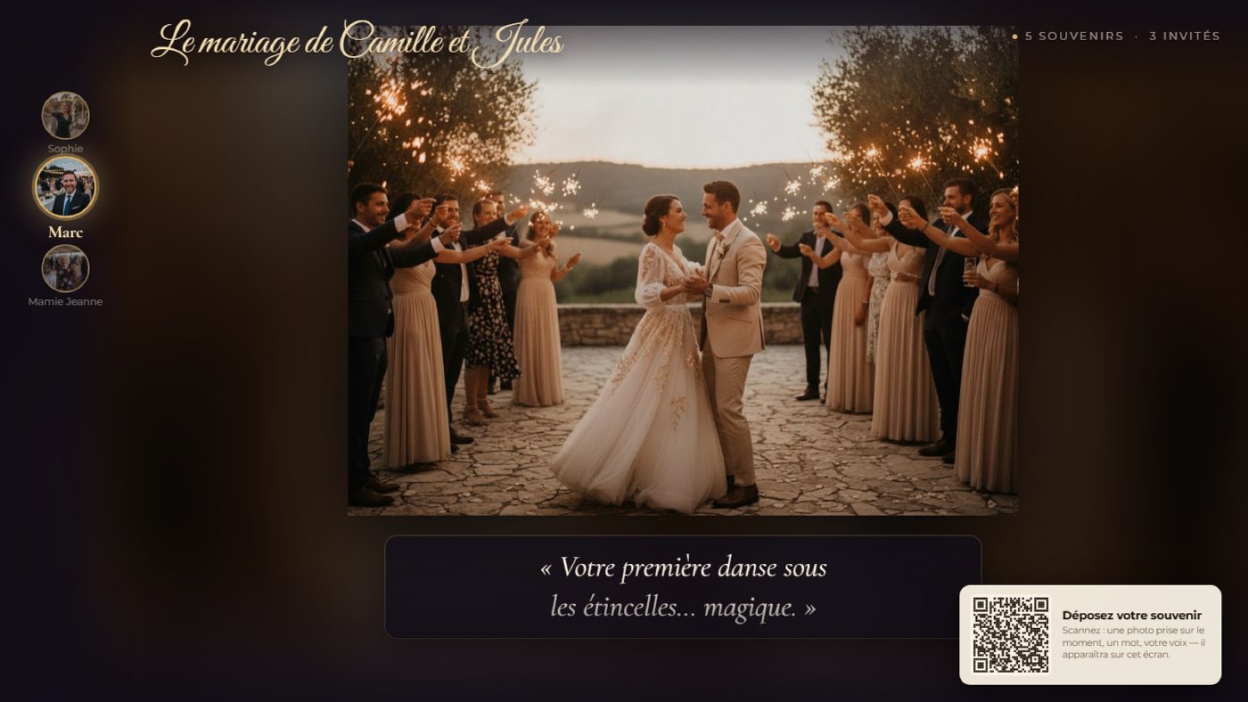 L'écran de la salle diffusé pour tous les invités : photo plein écran avec son mot, rail des contributeurs illuminé, QR code de participation