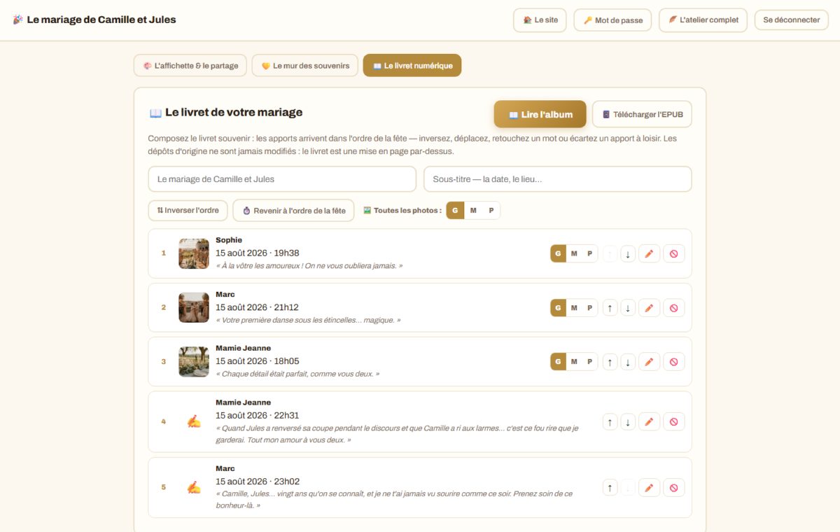 La composition du livret : apports datés réordonnables, tailles de photos, retouche des textes