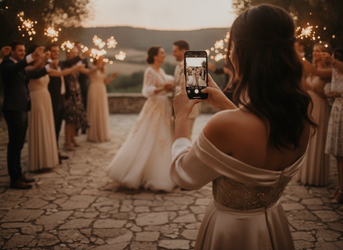 Une invitée photographie la première danse des mariés avec son téléphone pour la déposer dans le livre d'or avec son message