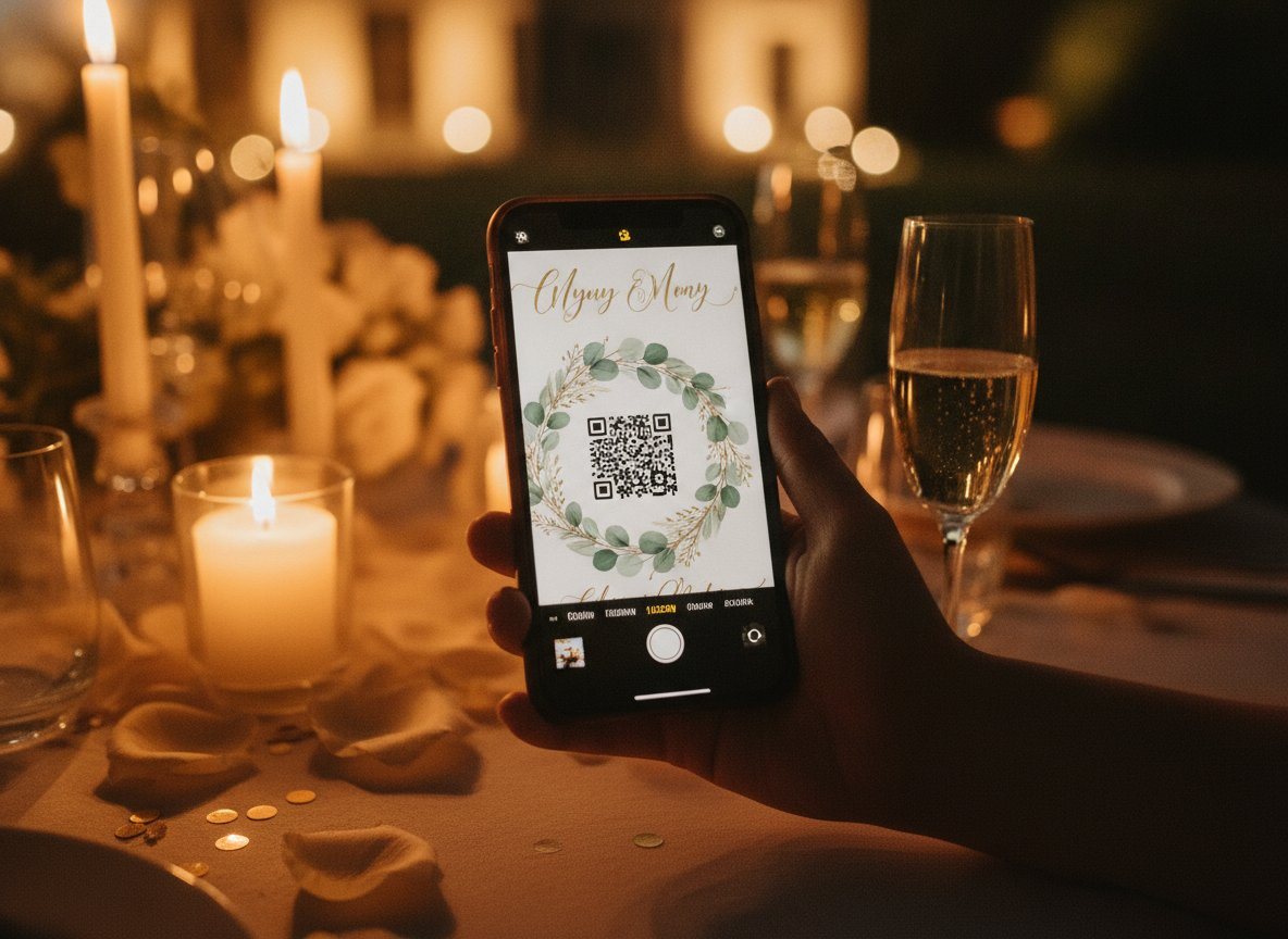 Une invitée scanne avec son téléphone le QR code de l'affichette posée sur la table de réception, à la lueur des bougies