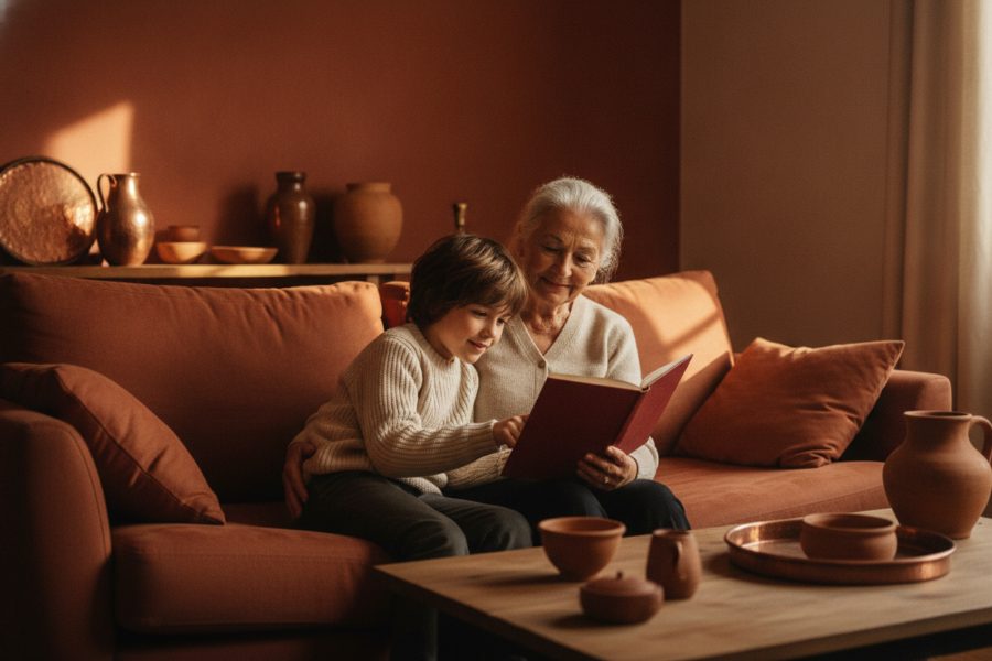 Une grand-mère et son petit-fils lisent le livre de sa vie