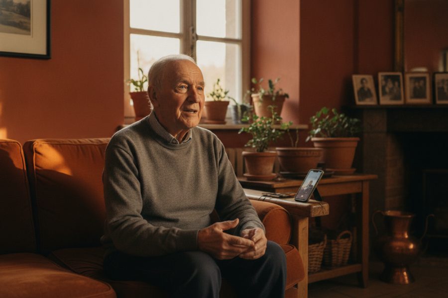 Un monsieur raconte ses souvenirs près de la fenêtre, le téléphone posé sur l'accoudoir