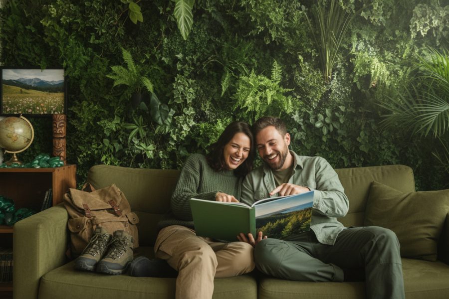 De retour à la maison, le couple feuillette le beau livre du voyage