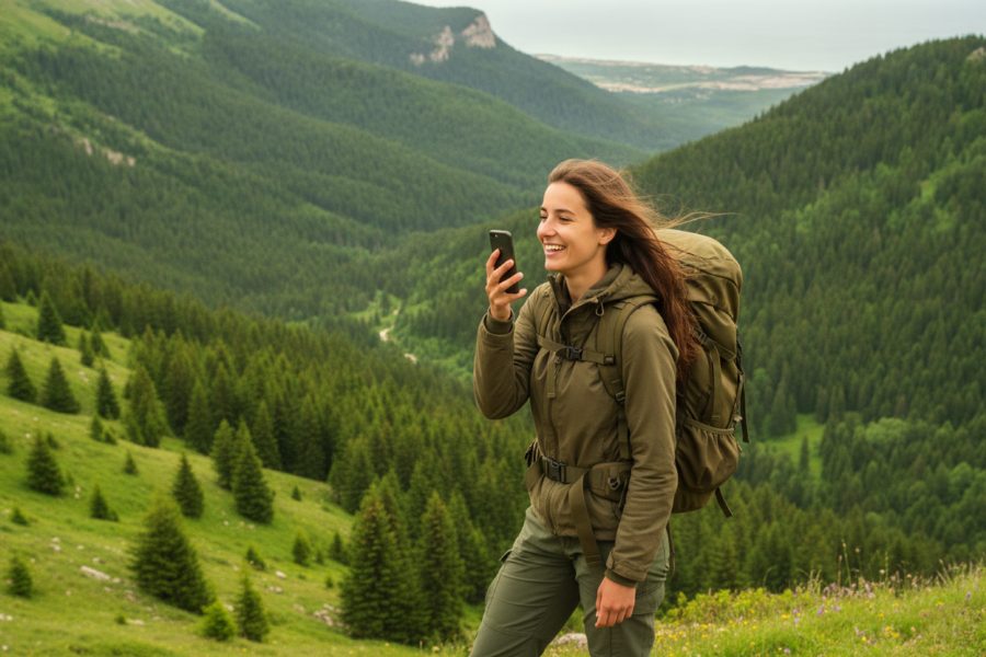 Une randonneuse raconte l'étape dans son téléphone, face à la vallée